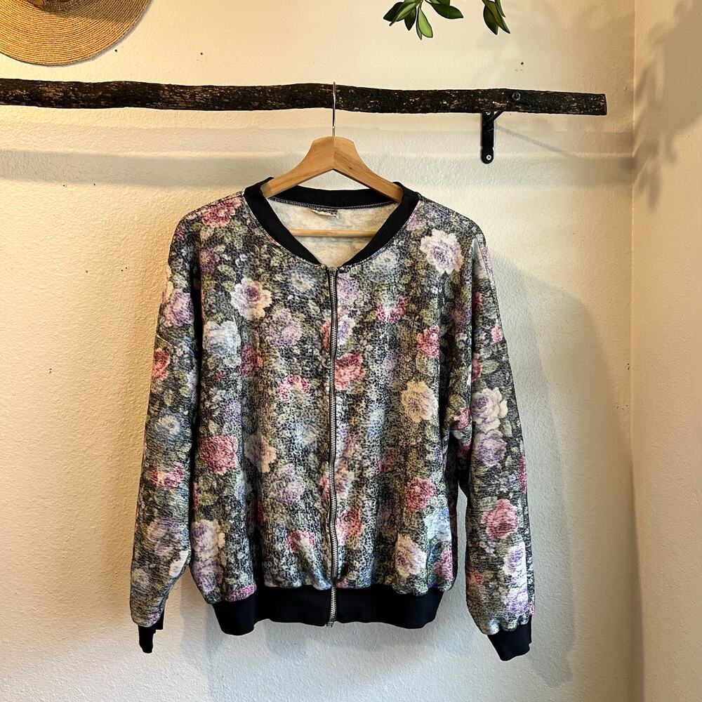 Vintage Textured Cottage Floral Zip up Bomber Sweater Gnome Jacket